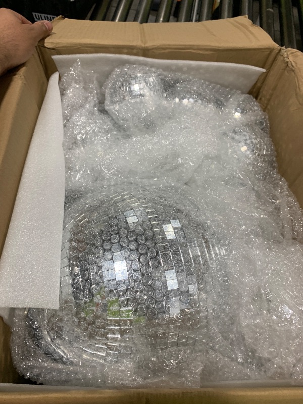 Photo 1 of Haull 8 Pcs Large Disco Ball Set Silver Mirror Disco Reflective Ball with Hanging Ring Party Ornament Decoration for Stage Club Ballroom Dance Hall Wedding Prom Props(12'', 8'', 6'', 4'')