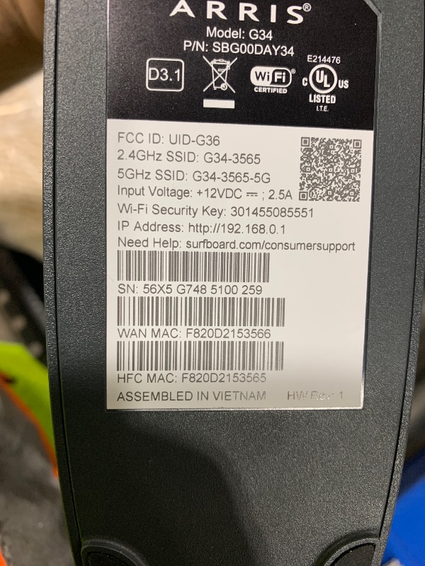 Photo 1 of ARRIS (G34) - Cable Modem Router Combo - Fast DOCSIS 3.1 Gigabit WiFi 6 (AX3000), Approved for Comcast Xfinity, Cox, Spectrum & More, 1 Gbps Max Internet Speeds