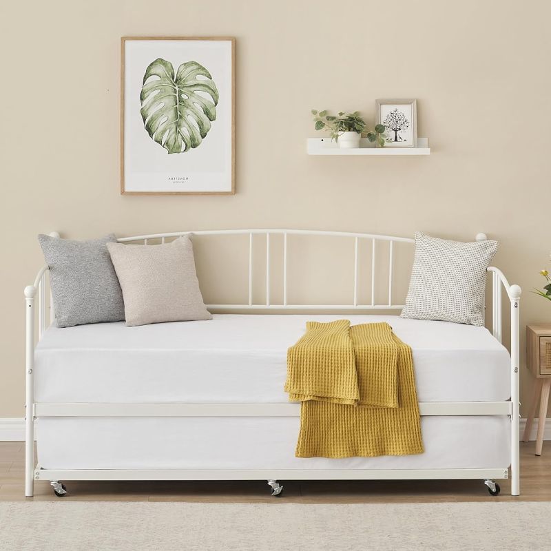 Photo 1 of GarveeHome Daybed with Trundle, Sturdy Metal Day Bed with Steel Slat Support, Trundle Bed Twin with Arched Headboard, SofaBed for Living Room, Bedroom and Guest Room, White
