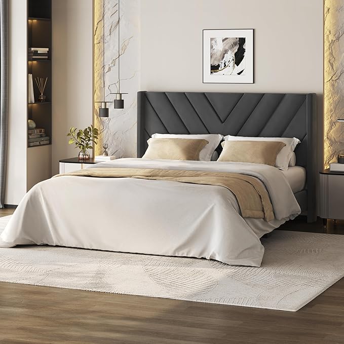 Photo 1 of Yaheetech Queen Bed Frame Upholstered Platform Bed with Wing Side/Wooden Slat Support/Tufted Headboard with Wing Side/Mattress Foundation/No Box Spring Needed,Deep Gray Queen Bed
