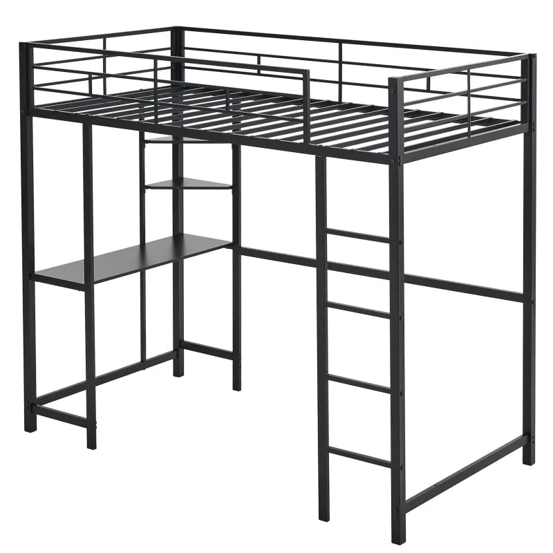 Photo 1 of Metal Loft Bed with Desk & Storage Shelves, Loft Bed Frame with 2 Built-in Ladders & Full-Length Guardrails

