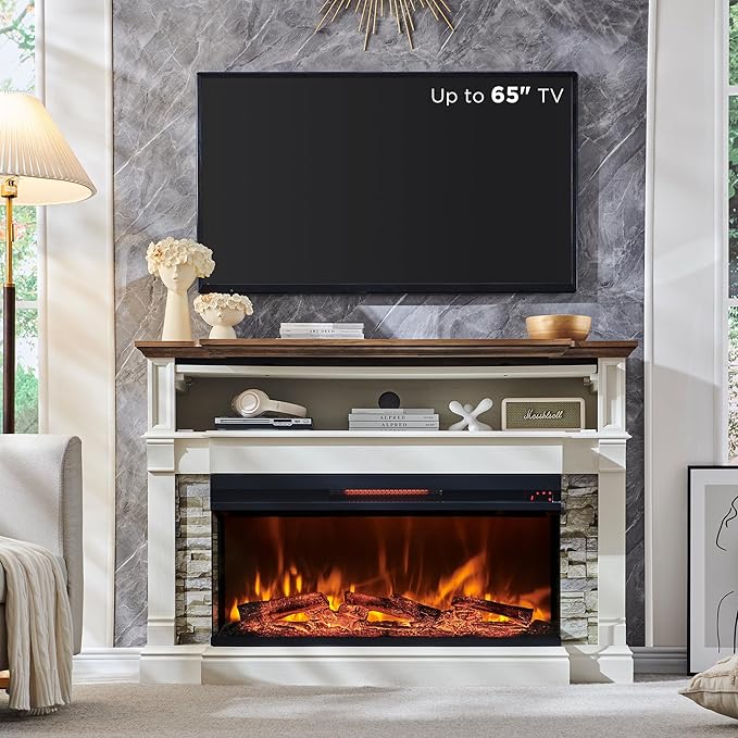 Photo 1 of RedLemon 3-Sided Glass Fireplace TV Stand for TVs up to 65'', 52'' Electric Fireplace with Mantel, 36'' Tall Highboy Farmhouse Entertainment Center with Storage for Living Room, 
