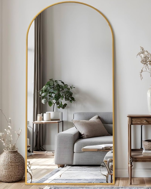 Photo 1 of Full Length Mirror, 71"x32" Arched Floor Mirror Freestanding, Oversized Floor Standing Full Body Mirror with Stand for Bedroom, Hanging Mounted for Living Room Cloakroom, Gold