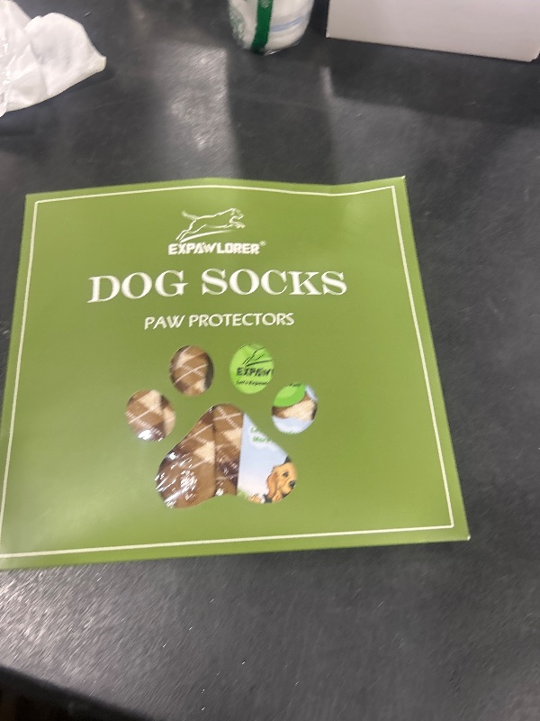 Photo 1 of EXPAWLORER Dog Socks to Prevent Licking Paws,Dog Shoes for Hot Pavement,4 Pcs Double Sided Anti Slip Dog Socks with Grippers,Dog Booties for Small Medium Large Senior Dogs,British Style,Khaki M