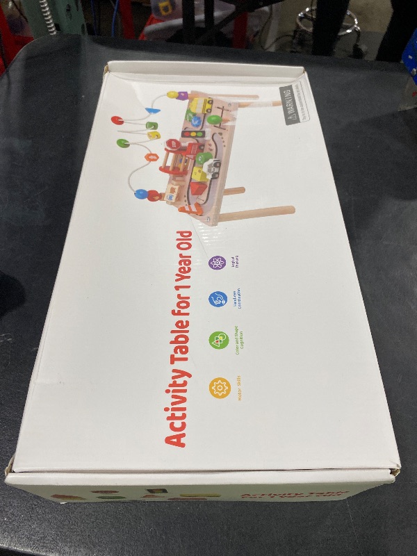 Photo 1 of Activity Table for 1+ Year Old, Montessori Wooden Toys for Toddlers 1-3, 8 in 1 Baby Activity Table, Educational Sensory Bead Maze Toys for Babies, Learning Shape Sorter, Birthday Gifts Girls Boys