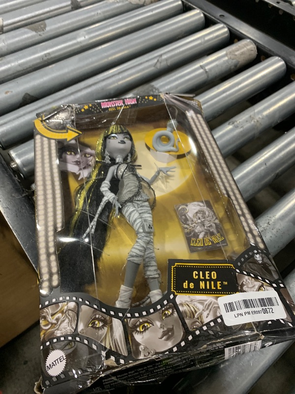 Photo 1 of Monster High Reel Drama Doll, Cleo De Nile Black and White Reproduction Collectible with Doll-Size and Life-Size Posters, Horror Flick Theme, and Pet