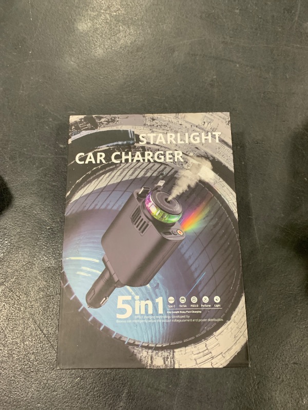 Photo 1 of 5-in-1 Retractable Car Charger with Aromatherapy Starlight Fast Charging USB C iPhone Android Black
