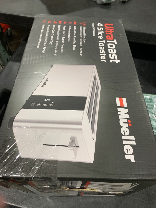 Photo 1 of Mueller UltraToast Full Stainless Steel Toaster 4 Slice, Long Extra-Wide Slots for Bagels and Waffles, 6 Browning Levels, LED Display, Cancel/Defrost/Reheat Functions & Removable Tray, Kitchen Gadgets