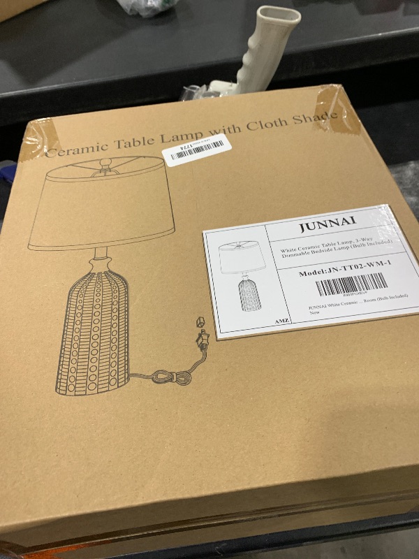 Photo 1 of JUNNAI White Ceramic Table Lamp 24.5": 3-Way Dimmable Bedside Lamp with White Drum Slub Shade, Modern Nightstand Lamp for Bedroom & Living Room (Bulb Included)