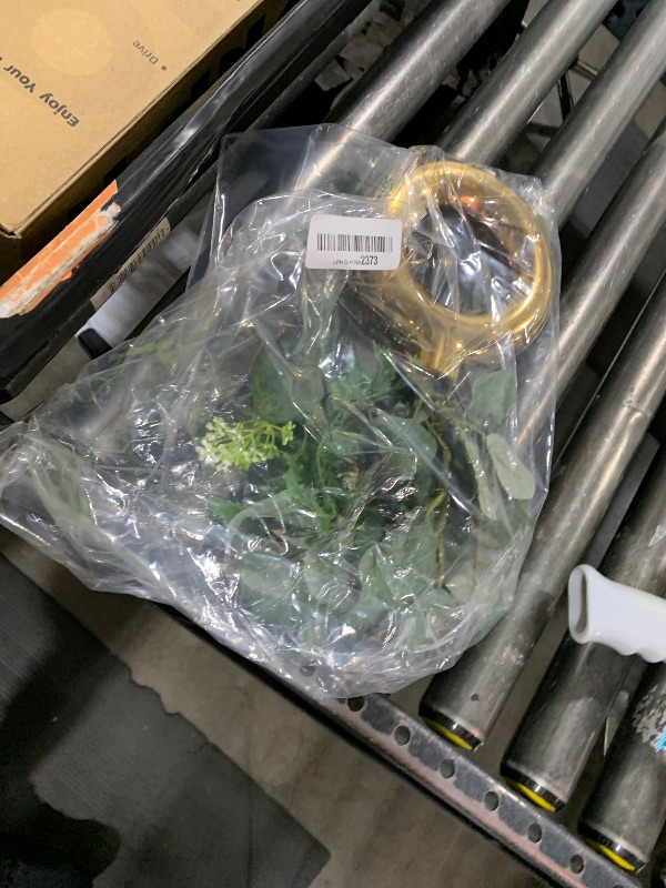 Photo 1 of Artificial Eucalyptus Stems in Ceramic Vase 14.23" Fake Eucalyptus Plant Decor Gold Donut Vase with Greenery Centerpiece Table Decorations Small Faux Green Plant for Home Farmhouse Wedding Table Decor