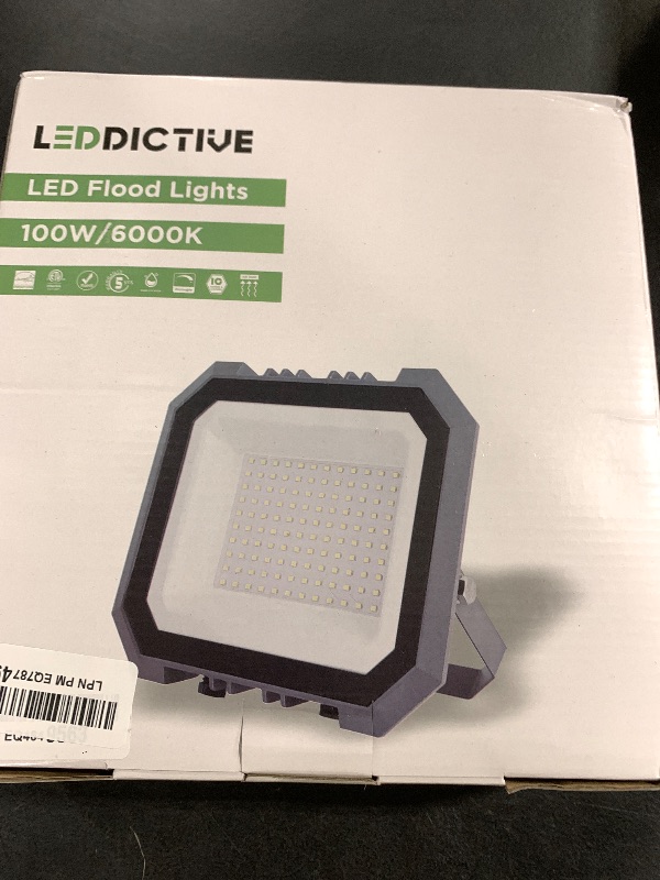 Photo 1 of Leddictive 2 Pack LED Flood Lights Outdoor, 100W 10000LM Super Bright Floodlight Outside Work Light with 5.9FT Plug, IP65 Waterproof 6000K Outdoor LED Flood Light for Garage, Yard, Lawn, Garden