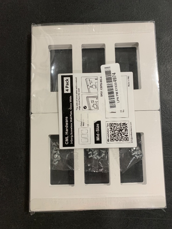 Photo 1 of CML 3-Gang Screwless Wall Plate Cover, Mid-Size 4.88" x 6.76", Midway Triple Faceplate Cover for Decorator Receptacle Outlet & Switch, UL Listed, 4 Pack, White