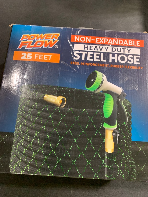 Photo 1 of PowerFlow Garden Hose, NON-EXPANDABLE 25 Feet Premium Quality Stainless Steel Metal Water Hose with Durable Fabric Skin, Hose For Commercial, Residential Use, Bonus 10-way Spray Nozzle (25 Ft, Black)