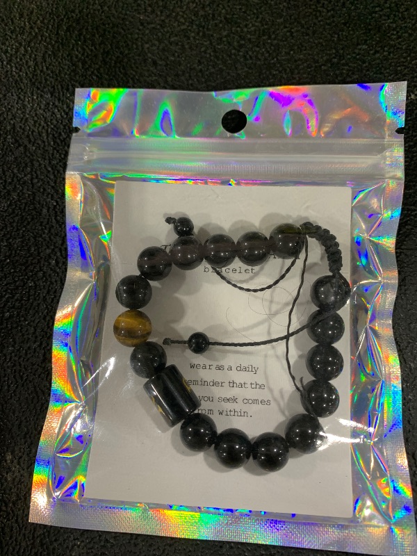 Photo 1 of 10MM Black Onyx Stone Initial Bracelet for Men Letter Link Handmade Tiger Eye Bead Braided Rope Bracelet Gifts Mens Bracelet (R)