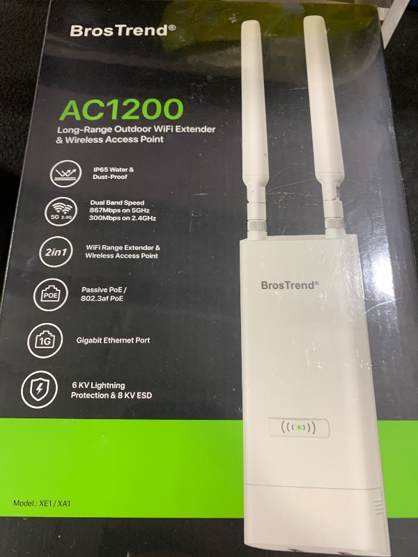 Photo 1 of BrosTrend AC1200 Outdoor WiFi Extender Long Range, Dual Band 5GHz + 2.4GHz, IP65 Weatherproof Gigabit Signal Booster, PoE Powered, with Passive PoE Injector, 2x 5dBi Antennas, Works for Yard, Farm, RV
