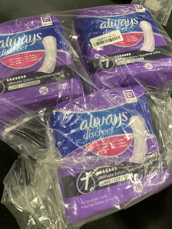 Photo 1 of Always Discreet Adult Incontinence Pads for Women, Ultimate Extra Absorbency, Long Length, Postpartum Pads, 104 Count (3Packs of 26)