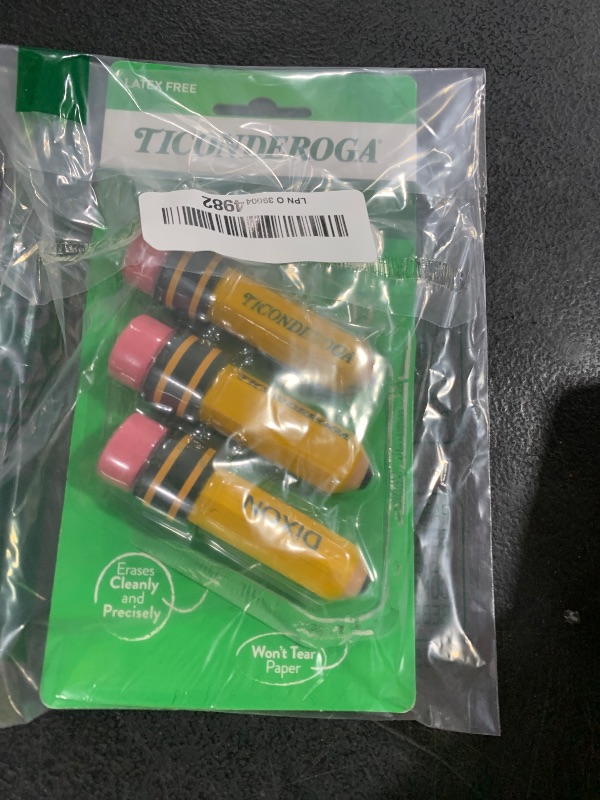 Photo 1 of TICONDEROGA Erasers, Pencil Shaped, Latex-Free, Yellow, 3-Pack (38953)