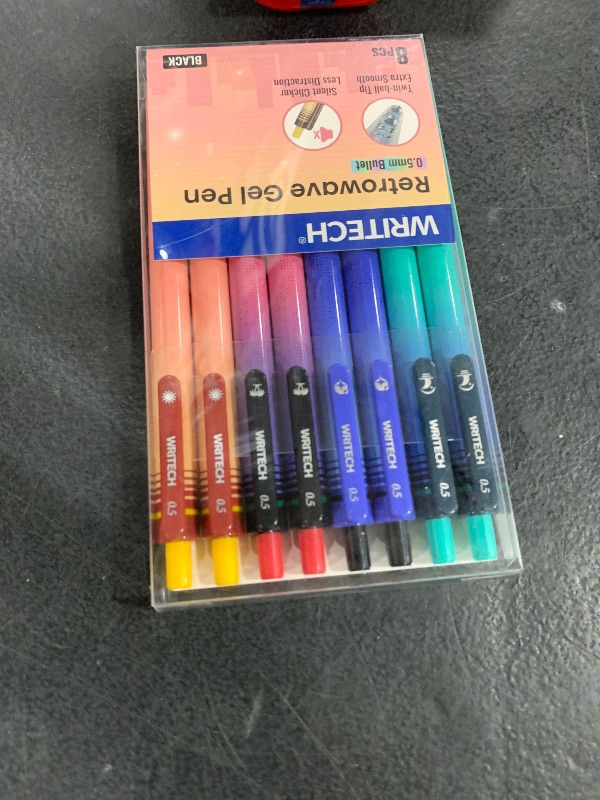 Photo 1 of WRITECH Black Ink Gel Pens: 8-Pack Retrowave 0.5mm Fine Point Pens - Smooth Writing Silent Clicker and Refillable Perfect for School Office & Everyday Use.
