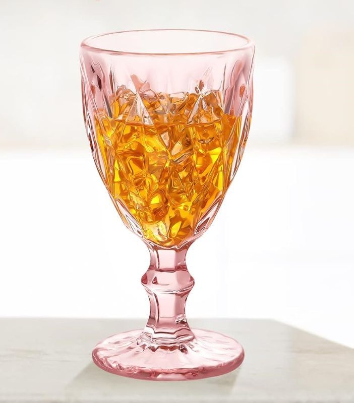 Photo 1 of Yinder Glass Goblet Vintage Wine Goblet Embossed Glassware 10 oz Solid Color Glass Stemmed Cup (Pink)
