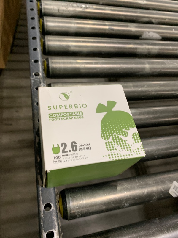 Photo 1 of SUPERBIO 2.6 Gallon Compostable Bags with Handles, 100 Count,1 Pack, Food Scrap Bags Certified by BPI and OK compost INDUSTRIAL, 9.84L