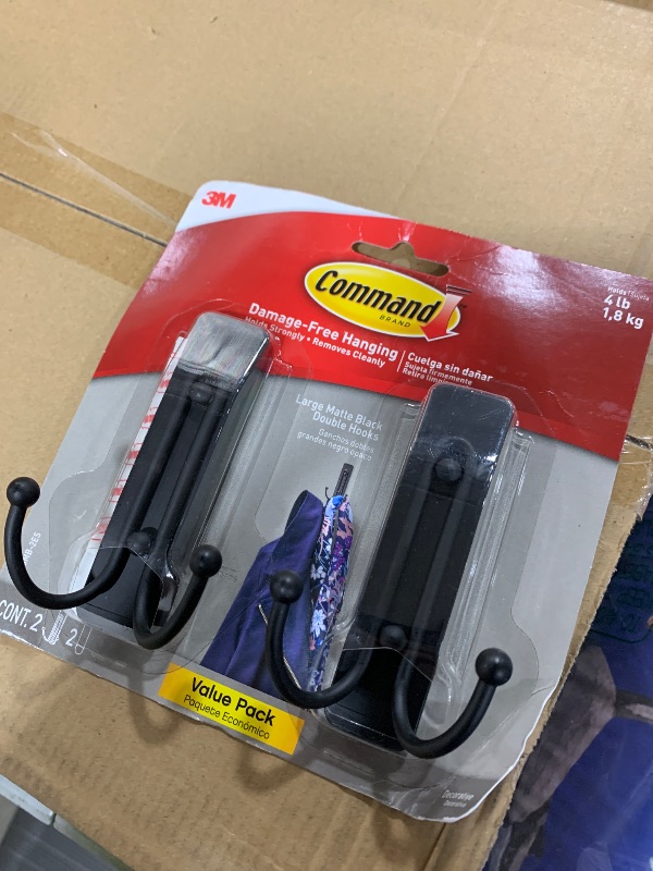 Photo 1 of Command Large Matte Black Double Hooks, 2 Hooks and 2 Command Strips, Damage Free Hanging Wall Hooks with Adhesive Strips, No Tools Coat Hooks for Hanging Home Decor, Holds up to 4 lb