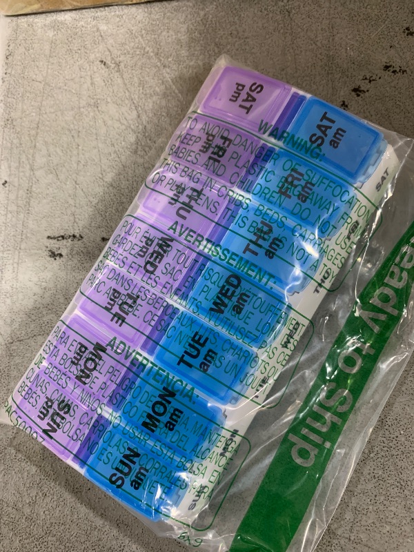 Photo 1 of EZY DOSE Weekly (7-Day) AM/PM Pill Organizer, Vitamin and Medicine Box, Large Pop-out Compartments, 2 Times a Day, Blue and Purple Lids