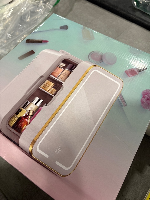 Photo 1 of YLFU Skincare Fridge, 6L/10 Can Mini Fridge for Bedroom with Dimmable LED Mirror, Portable Cooler & Warmer Small Compact Refrigerator for Skincare, Cosmetics, Bedroom and Office, White