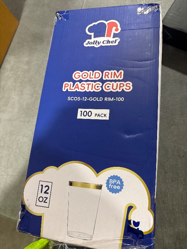 Photo 1 of JOLLY CHEF 100 Pack Gold Plastic Disposable Cups, 12 oz Clear Plastic Cups Tumblers, Elegant Gold Rimmed Disposable Glasses for Wedding, Thanksgiving Day, Christmas
