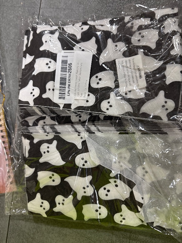 Photo 1 of 100 Halloween Guest Napkins Ghost Disposable Paper Hand Towels Black White Spooky Boo Decorative Dinner Napkin for Birthday Halloween Party Supplies Kitchen Table Decorations
