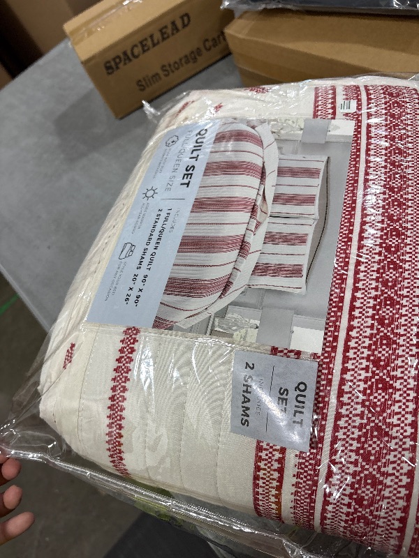 Photo 1 of Great Bay Home Full/Queen Reversible Quilt Bedding Set - All Season, Modern, Lightweight Bedspreads - Red Striped Coverlets (Includes 1 Quilt, 2 Pillow Shams)