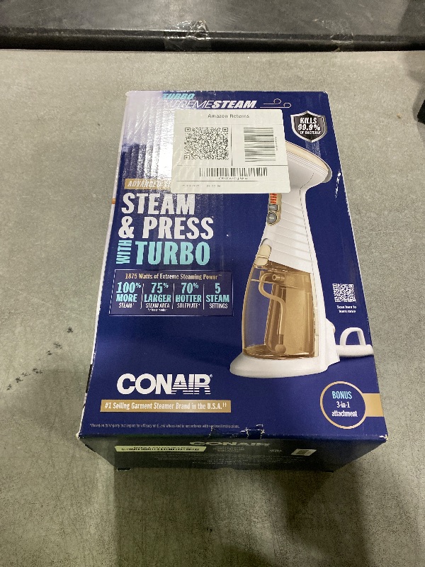 Photo 1 of Conair Handheld Garment Steamer for Clothes, Turbo ExtremeSteam 1875W Fabric Steamer, Portable Handheld Design, Strong Penetrating Steam, White/Champagne