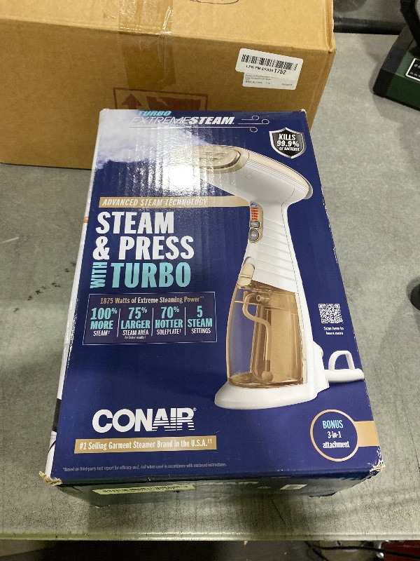 Photo 1 of Conair Handheld Garment Steamer for Clothes, Turbo ExtremeSteam 1875W Fabric Steamer, Portable Handheld Design, Strong Penetrating Steam, White/Champagne