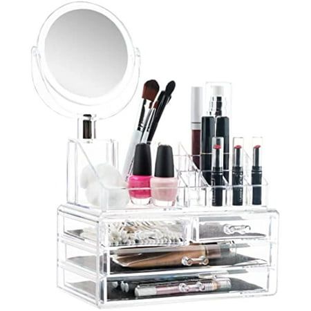 Photo 1 of Masisrs Clear Makeup Organizer with Mirror - Cosmetic Storage Organizer - 16 Compartments - Easily Sort Make up & Jewelry - 4 Drawer Vanity Organizer
