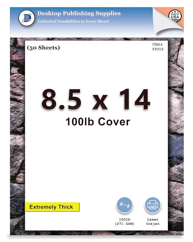Photo 1 of 8.5" x 14" Cardstock Sheets For Inkjet or Laser Printers - Heavy 80lb Cover Matte Finish White - Great for Flyers, Menu's, Posters, Covers (50 Sheets)