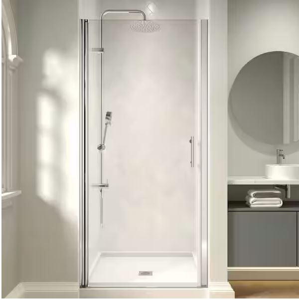 Photo 1 of [SOLD FOR PARTS] Modern 32 to 33-3/8 in. W x 72 in. H Pivot Frameless Shower Door in Chrome Finish with 1/4 in. (6mm) Clear Glass
