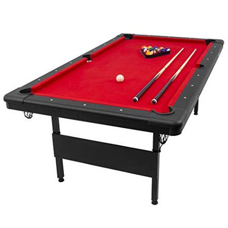 Photo 1 of GoSports 7' Billiards Table - Portable Pool Table - Includes Full Set of Balls, 2 Cue Sticks, Chalk, and Felt Brush, Black, Red

