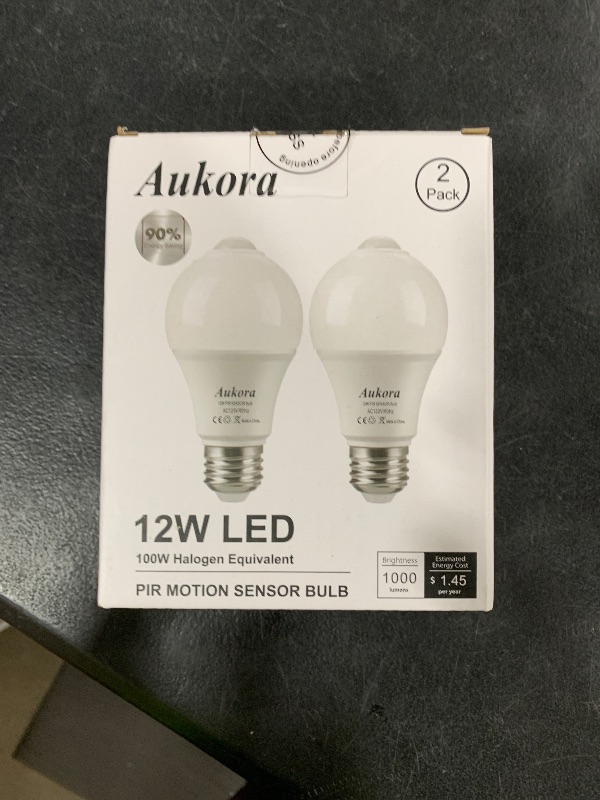 Photo 1 of Aukora Motion Sensor Light Bulbs, 12W (100-Watt Equivalent) E26 Motion Activated Dusk to Dawn Security Bulb Outdoor/Indoor for Front Door Porch Garage Basement Hallway Closet(Cold White 2 Pack)