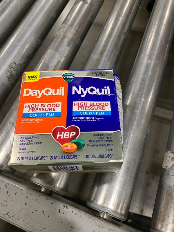 Photo 1 of VICKS DayQuil & NyQuil High Blood Pressure Cold & Flu Relief Liquicap 48ct Co-Pack, Powerful Multi Symptom Daytime & Nighttime Medicine for Cold, Cough, and Flu Symptoms, 24ct DayQuil, 24ct NyQuil