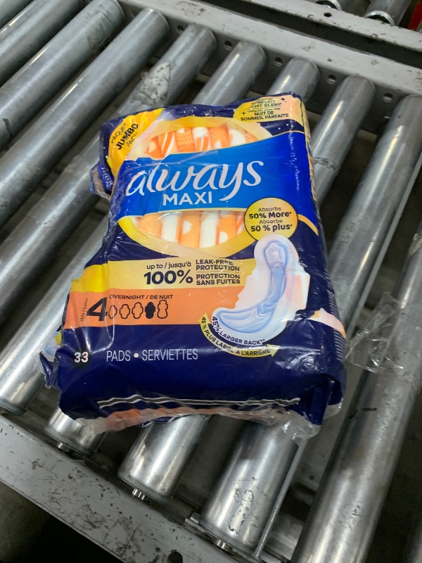 Photo 1 of Always Maxi Overnight Pads with Wings for Women, Size 4, Overnight Absorbency, Unscented, 33 Count