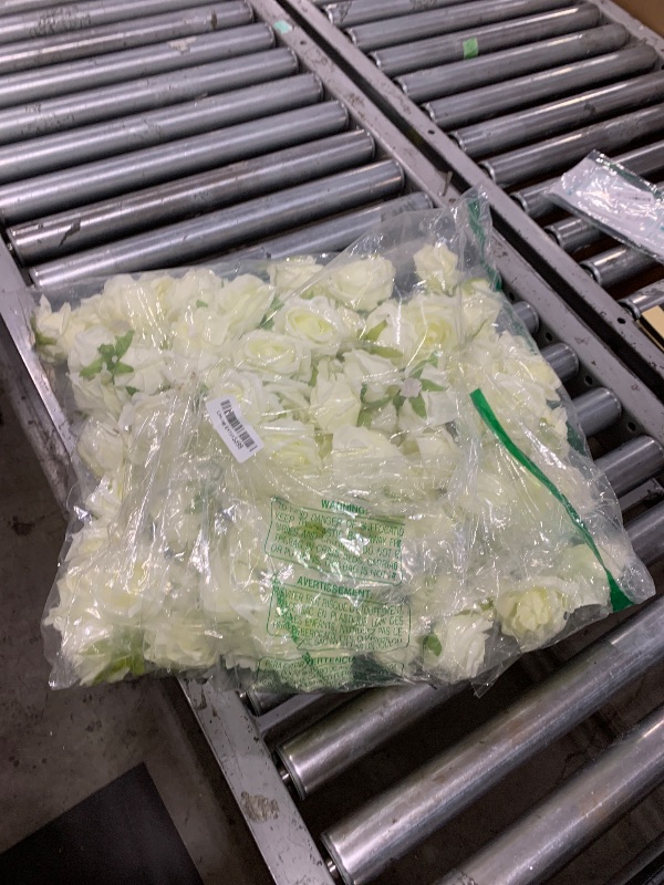 Photo 1 of Jexine 100 Pieces Artificial Roses Flowers Bulk, Long Stem Realistic Fake Silk Roses Bouquet for Table Centerpiece Vases Wedding Party Kitchen Decor(White)