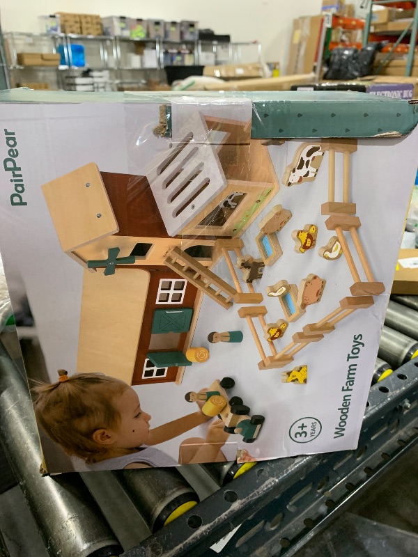 Photo 1 of PairPear Wooden Barn & Tractor Farm Playset, 31 Piece Pretend Farm Animal Toy Set with Barn, Tractor & Trailer, Montessori Learning Gift for Toddlers Ages 3+