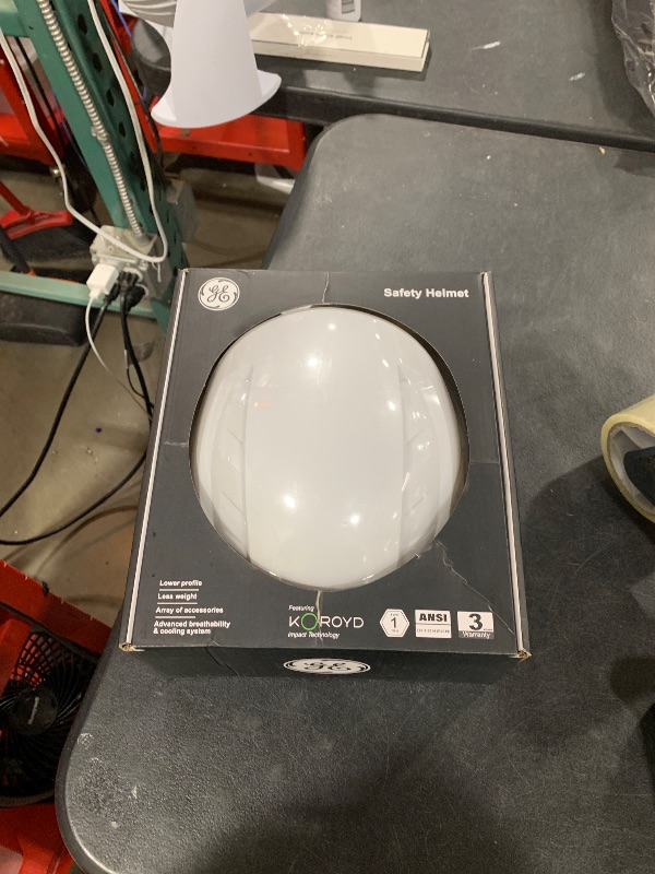 Photo 1 of GE Safety Helmet, Impact Absorbing Tech, Adjustable Ratchet, ANSI Type 1, Memory Foam Padding, Hard Hats Protection, Lightweight, Durable, Chin Strap - White, Class E (Non-Vented), OSHA Approved