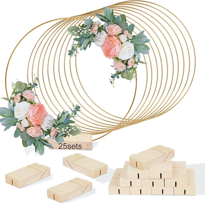 Photo 1 of 10 piece 12 Inch Metal Floral Hoop Centerpiece with Stand for Table, Metal Macrame Gold Wreath Ring with 25Pcs Holders Stand for DIY Wedding Decor Wall Hanging Dream Catcher Crafts
