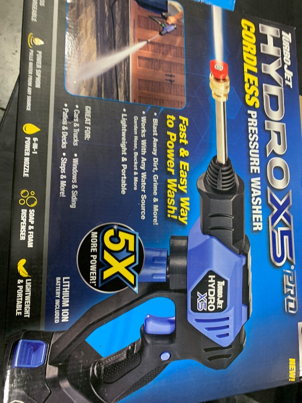 Photo 1 of Ontel Turbo Jet HydroX5 Pro Portable Cordless Pressure Washer (21V 3000mAh Battery), 6-in-1 Nozzle, Dual Water Source, 16ft Detachable Hose