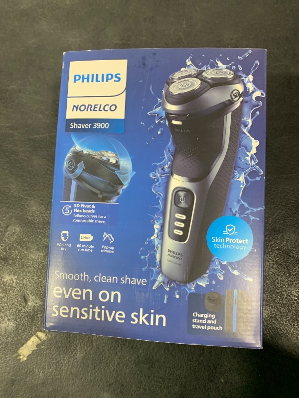 Photo 1 of Philips Norelco Shaver 3900 Series, Wet and Dry Electric Shaver, P-Cap, Travel Pouch, Charging Stand, Storm Blue, Model S3341/92