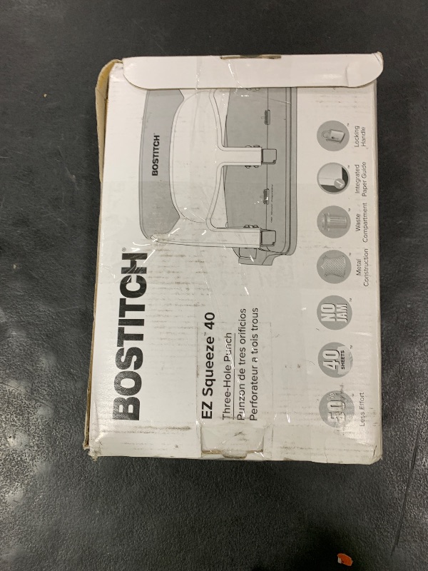 Photo 1 of Bostitch Office EZ Squeeze Heavy Duty 3 Hole Punch, 40-Sheet Capacity, Use Less Force, Perfect for Home Office School Supplies, Sleek Design, Silver