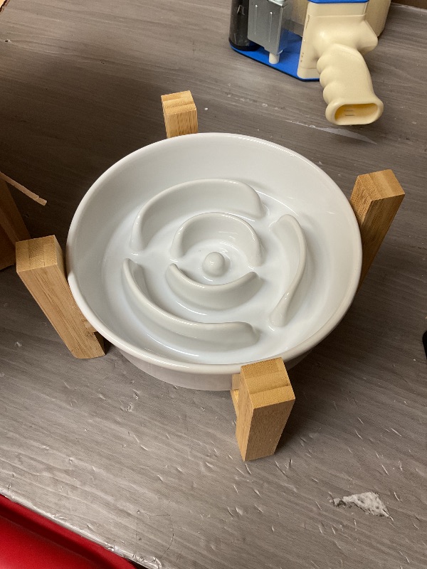 Photo 1 of Elevated Slow Feeder Dog Bowl - Raised Ceramic Dog Bowl with Anti-Slip Stand - Fun Maze Dog Feeding Bowl for Fast Eater - Heavy Dog Food Dish - Designed for Small and Medium Dogs - White - 6.7 inch