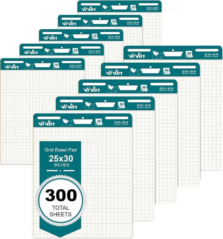Photo 1 of ViVin Grid Sticky Easel Pad, 25 x 30 Inches Flip Chart Paper for Teachers and Students, Large Self Stick Easel Paper for School & Office, 30 Sheets/Pad, 10 Pads/Pack