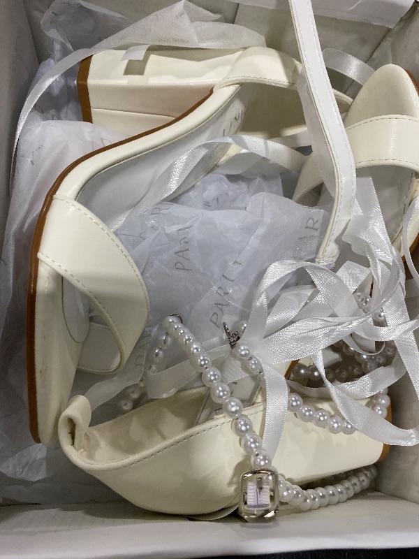 Photo 1 of Women's Chunky Heels Open Toe Ankle Strap 3 inch Heeled Sandals,White Pearl-6