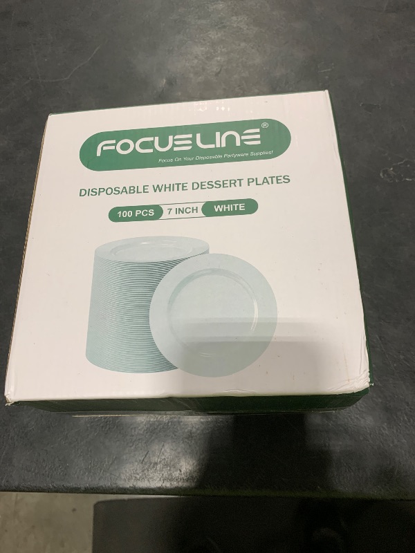 Photo 1 of FOCUSLINE 100 Count White Plastic Dessert Plates 7 Inch, Disposable Heavy Duty Plastic Plates for Weddings, Parties and Events